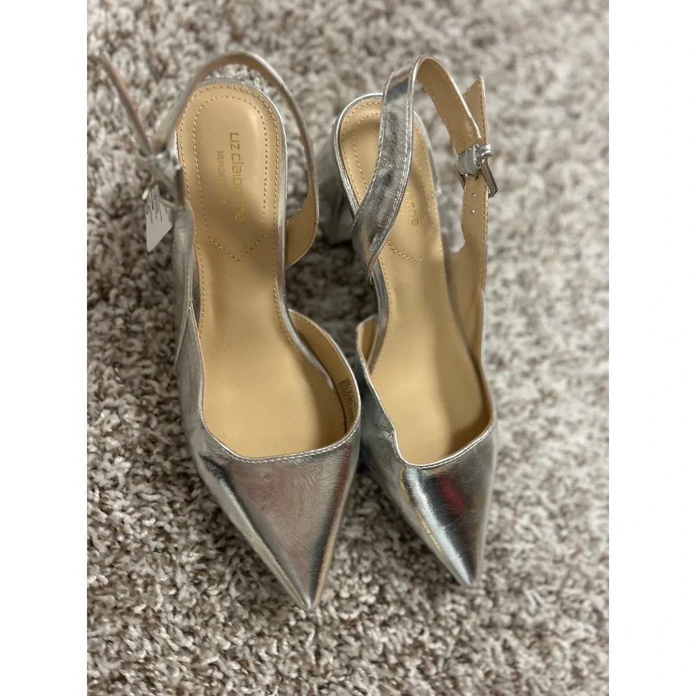 Liz Claiborne Womens Silver Metallic Slingback Block Heel Pointed Toe Pumps 6M